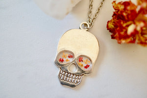 Real Pressed Flowers in Resin, Silver Skull Necklace in Red and Orange, Halloween Necklace