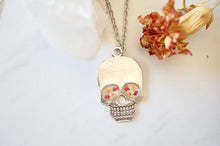 Real Pressed Flowers in Resin, Silver Skull Necklace in Red and Orange, Halloween Necklace