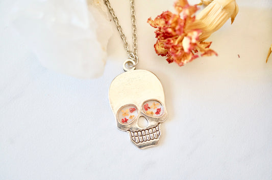 Real Pressed Flowers in Resin, Silver Skull Necklace in Red and Orange, Halloween Necklace