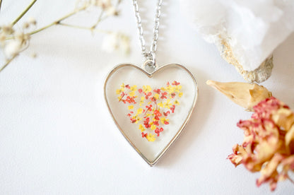 Real Pressed Flowers in Resin Heart Necklace in Red Yellow Mix