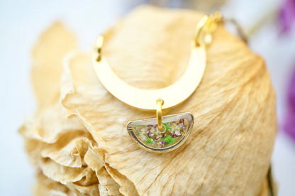Real Pressed Flowers in Resin, Gold Necklace in Purple and Green