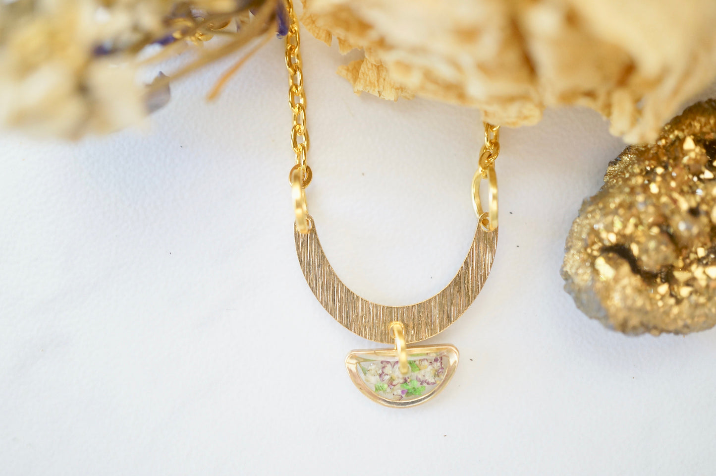 Real Pressed Flowers in Resin, Gold Necklace in Purple and Green