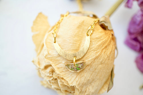 Real Pressed Flowers in Resin, Gold Necklace in Purple and Green