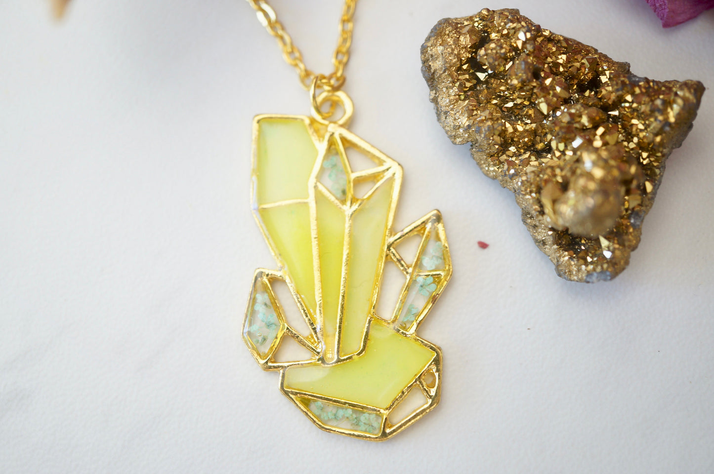 Real Pressed Flowers in Resin, Gold Crystal Necklace in Neon Glow in the Dark