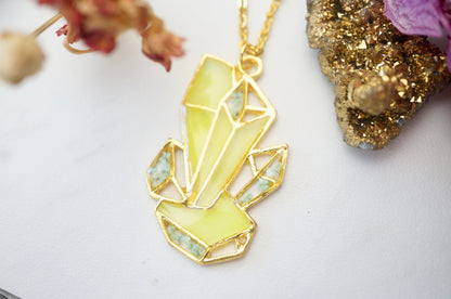 Real Pressed Flowers in Resin, Gold Crystal Necklace in Neon Glow in the Dark