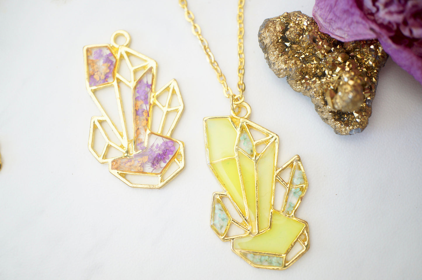 Real Pressed Flowers in Resin, Gold Crystal Necklace in Neon Glow in the Dark