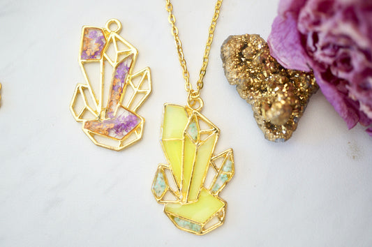 Real Pressed Flowers in Resin, Gold Crystal Necklace in Neon Glow in the Dark