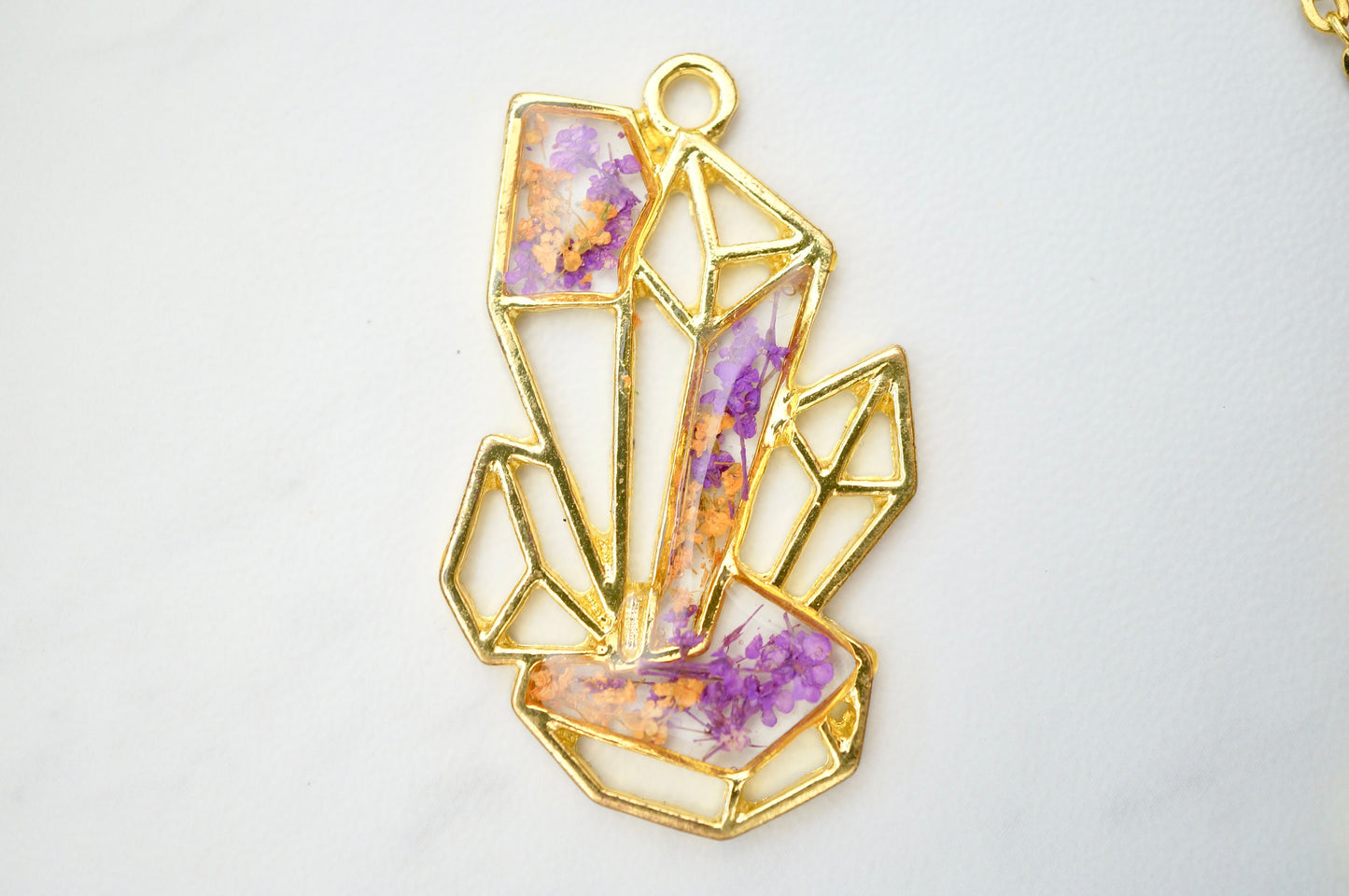 Real Pressed Flowers in Resin, Gold Crystal Necklace in Neon Glow in the Dark