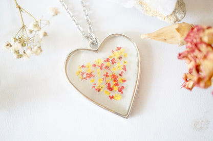 Real Pressed Flowers in Resin Heart Necklace in Red Yellow Mix