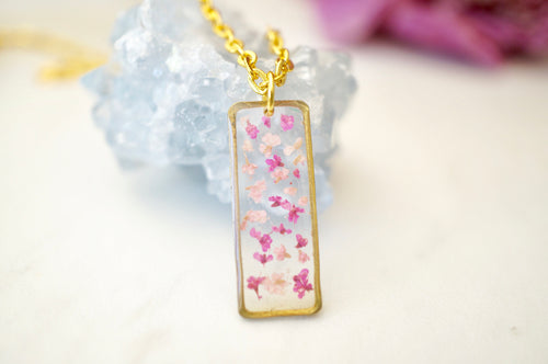 Real Pressed Flowers in Resin, Gold Necklace Bar in Pinks