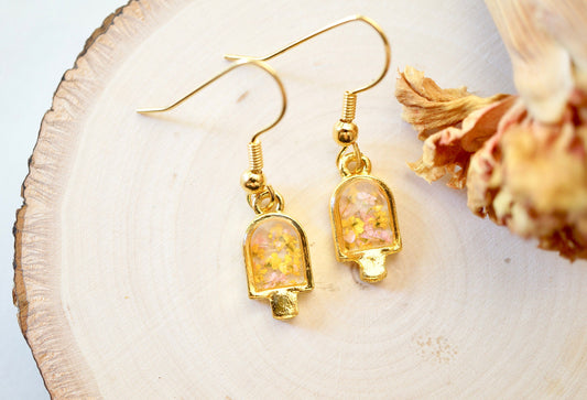 Real Pressed Flowers and Resin Drop Earrings, Ice Cream in Pink and Yellow