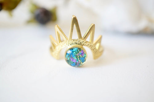 Real Pressed Flower and Resin Ring, Gold Half Sun in Blue Teal Purple