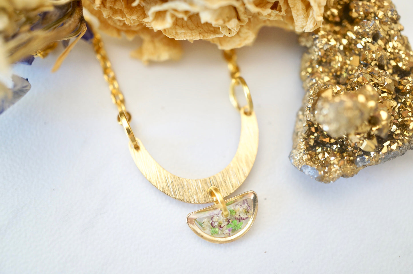 Real Pressed Flowers in Resin, Gold Necklace in Purple and Green