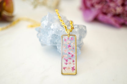 Real Pressed Flowers in Resin, Gold Necklace Bar in Pinks