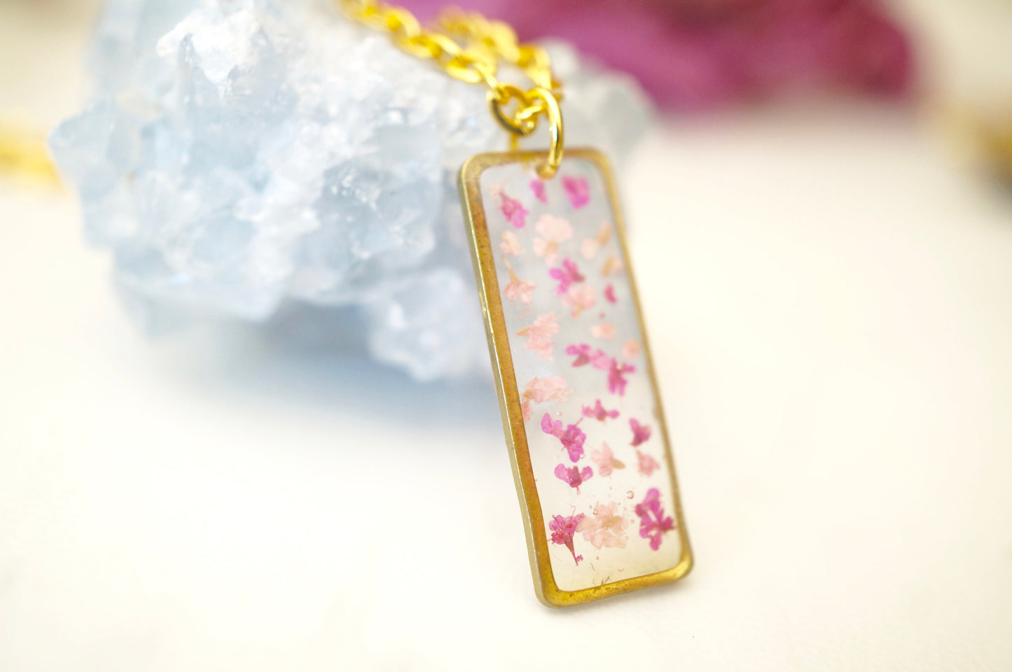 Real Pressed Flowers in Resin, Gold Necklace Bar in Pinks