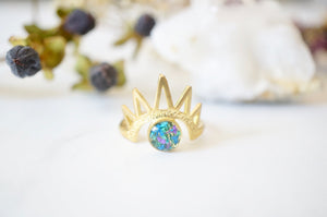 Real Pressed Flower and Resin Ring, Gold Half Sun in Blue Teal Purple