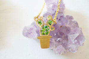 Real Pressed Flowers Necklace, Gold Cactus in Green