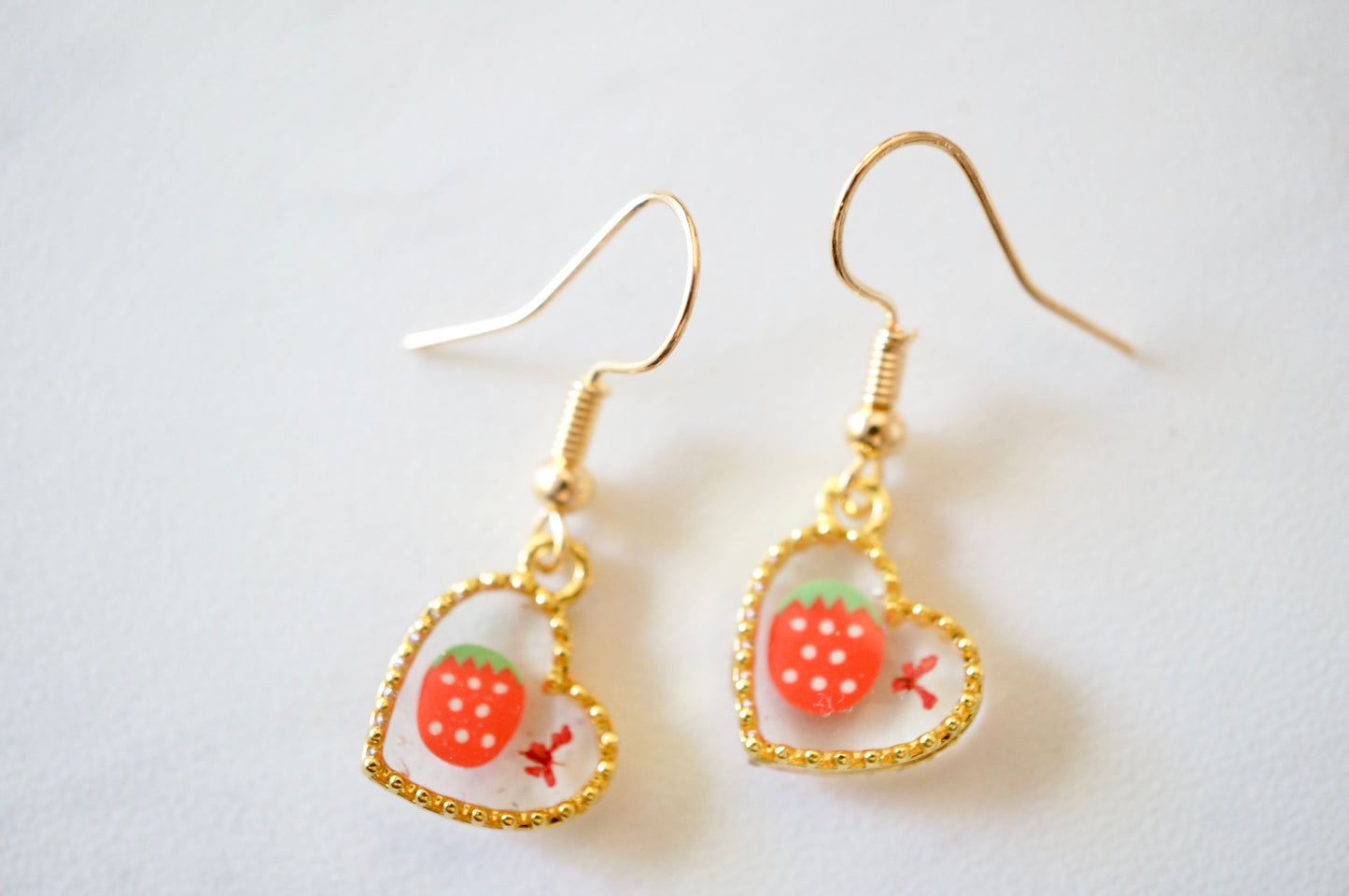 Real Pressed Flowers Earrings, Gold Heart Drops in Red and Strawberry