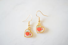 Real Pressed Flowers Earrings, Gold Heart Drops in Red and Strawberry