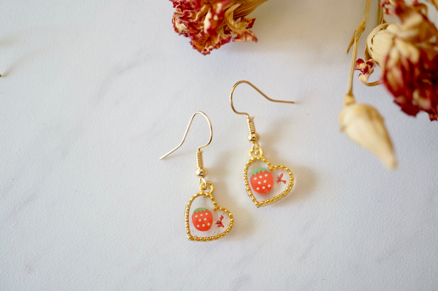Real Pressed Flowers Earrings, Gold Heart Drops in Red and Strawberry