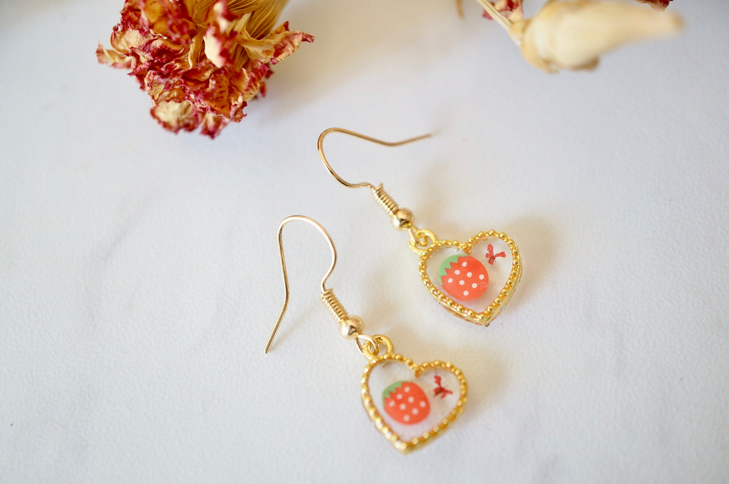 Real Pressed Flowers Earrings, Gold Heart Drops in Red and Strawberry