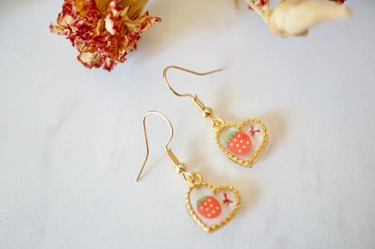 Real Pressed Flowers Earrings, Gold Heart Drops in Red and Strawberry