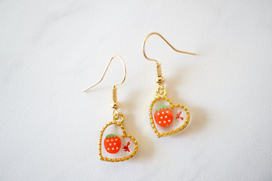 Real Pressed Flowers Earrings, Gold Heart Drops in Red and Strawberry