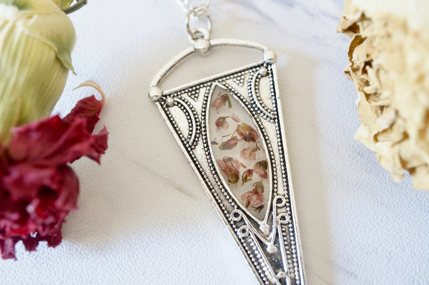 Real Pressed Flowers in Resin, Silver Necklace with Heather Flowers