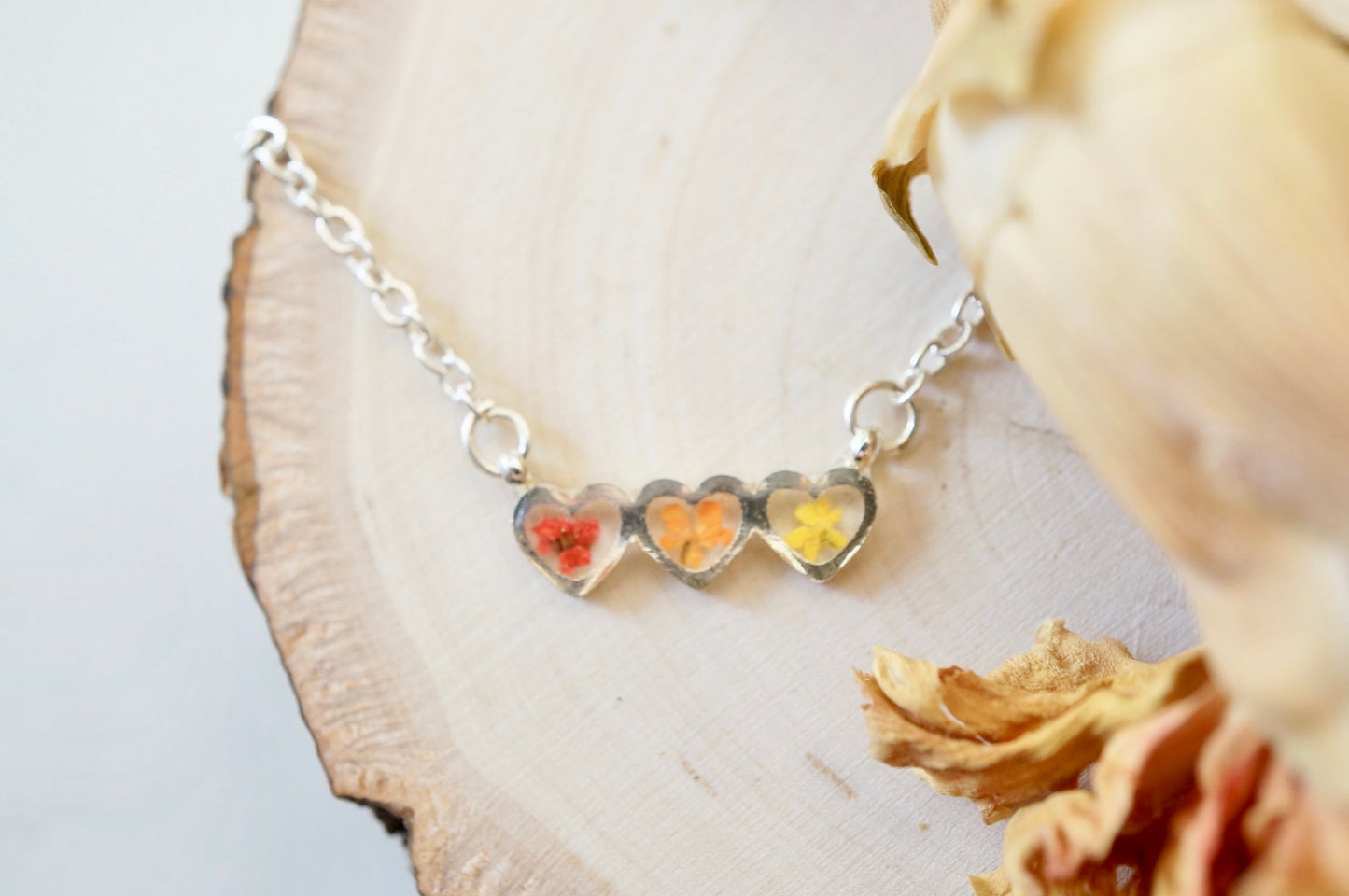 Real Pressed Flowers Necklace, Silver Hearts in Red Orange Yellow