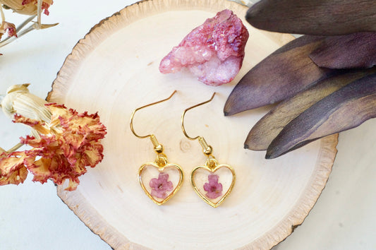 Real Pressed Flowers Earrings, Gold Heart Drops in Purple