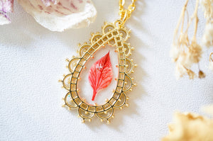 Real Pressed Flowers in Resin, Gold Teardrop Necklace in Neon Pink