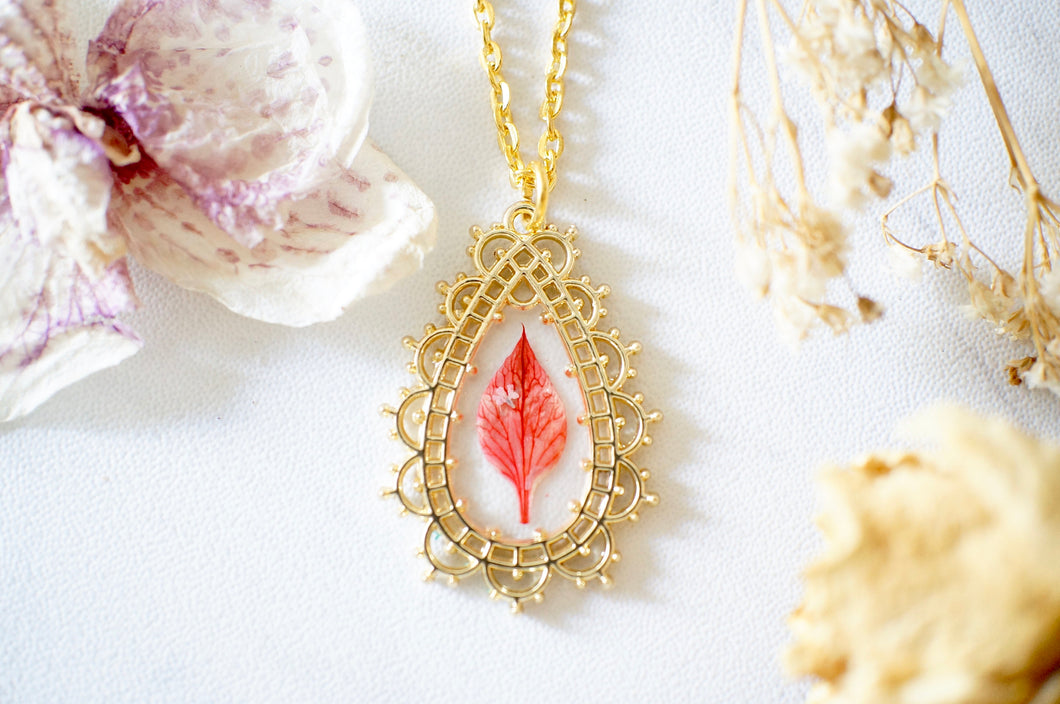 Real Pressed Flowers in Resin, Gold Teardrop Necklace in Neon Pink