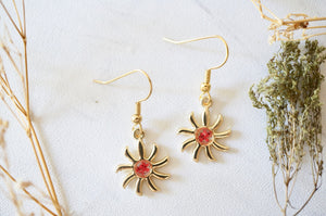 Real Pressed Flowers Earrings, Gold Sun Drops in Red