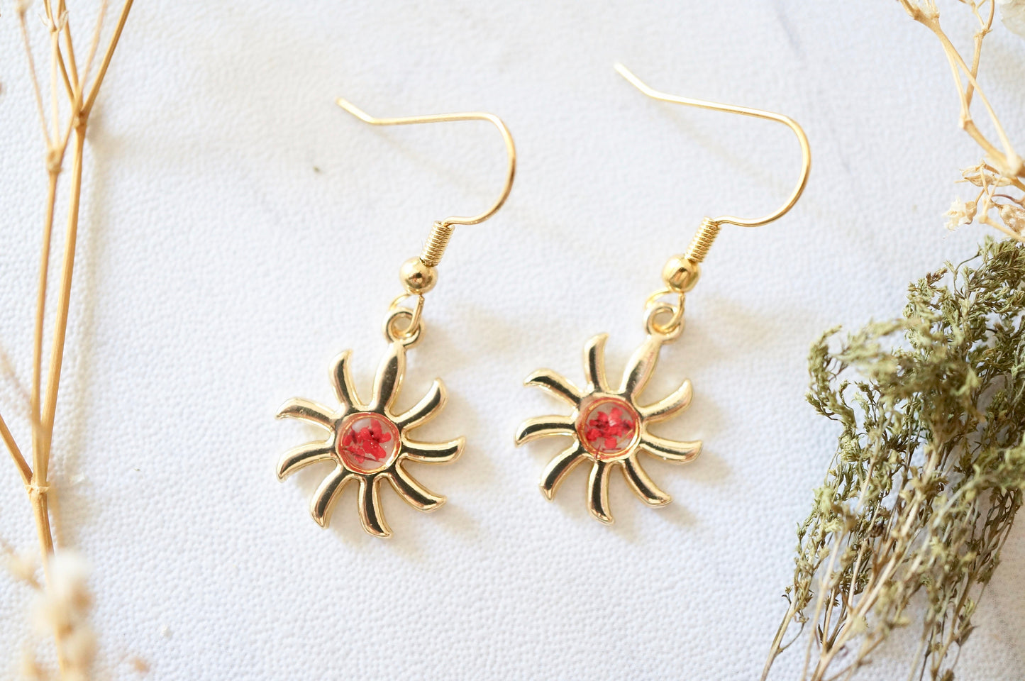 Real Pressed Flowers Earrings, Gold Sun Drops in Red