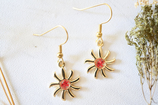 Real Pressed Flowers Earrings, Gold Sun Drops in Red