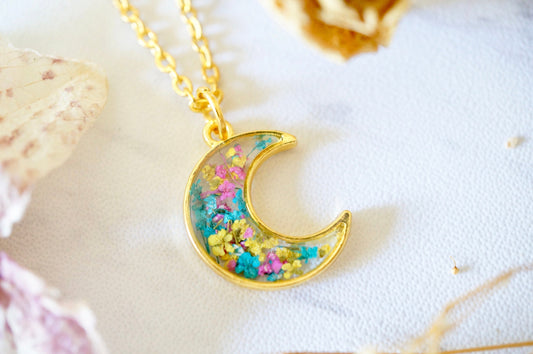 Real Pressed Flowers in Resin, Gold Moon Necklace in Yellow Pink Teal