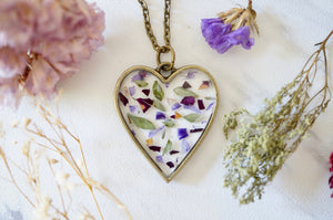 Real Pressed Flowers in Resin, Bronze Heart Necklace in Purple Mix