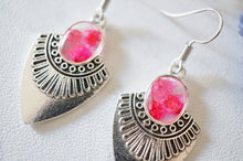 Real Pressed Flowers Earrings, Silver Drops in Neon Pink