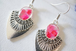 Real Pressed Flowers Earrings, Silver Drops in Neon Pink