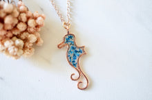 Real Pressed Flowers in Resin, Rose Gold Seahorse Necklace in Blue