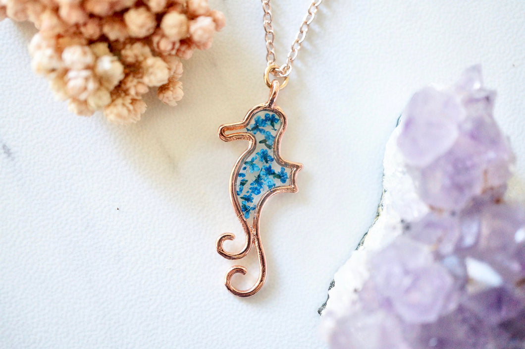 Real Pressed Flowers in Resin, Rose Gold Seahorse Necklace in Blue