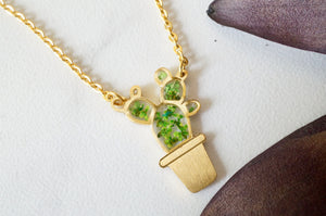 Real Pressed Flowers Necklace, Gold Cactus in Green