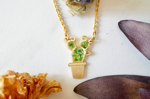 Real Pressed Flowers Necklace, Gold Cactus in Green