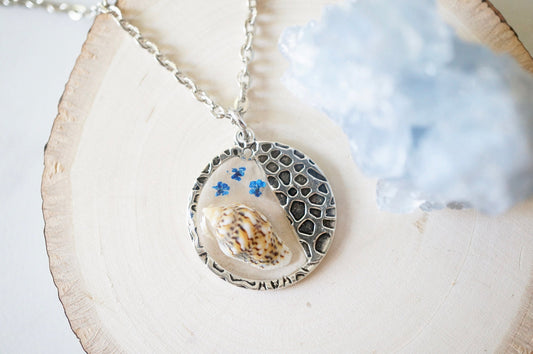 Real Pressed Flowers in Resin, Silver Necklace in Blue with Real Seashell