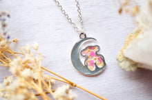 Real Pressed Flowers in Resin, Silver Bear and Moon Necklace in Yellow and Pink