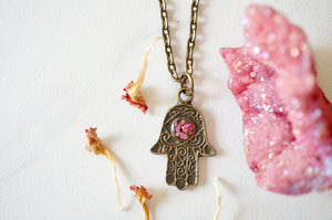 Real Pressed Flowers in Resin, Bronze Hamsa Necklace in Pink