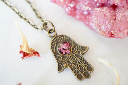 Real Pressed Flowers in Resin, Bronze Hamsa Necklace in Pink