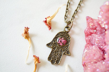 Real Pressed Flowers in Resin, Bronze Hamsa Necklace in Pink