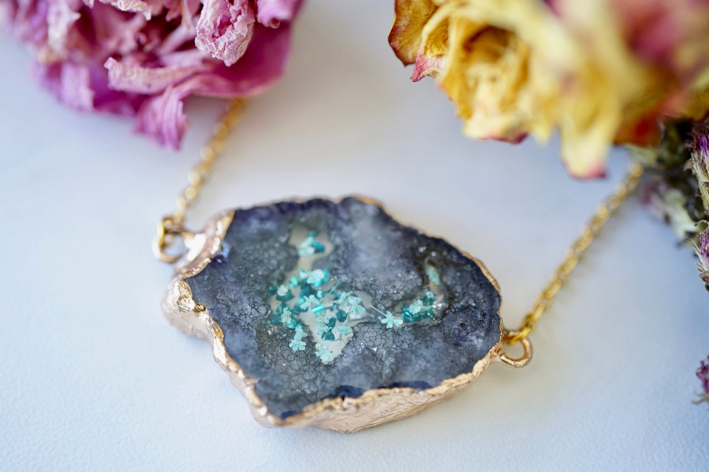 Real Pressed Flowers in Resin, Gold Druzy Geode Necklace in Black Teal and Mint