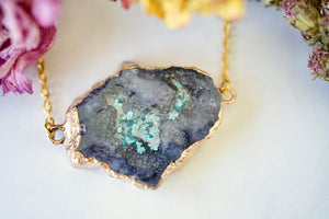 Real Pressed Flowers in Resin, Gold Druzy Geode Necklace in Black Teal and Mint